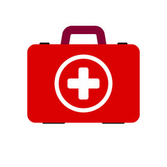 Red first aid kit isolated on gray background. Medical box with white cross like a diagnostics concept. Flat Vector illustration design