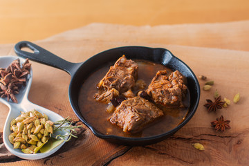 Food concept Homemade spicy meat stew in Cast-Iron Skillet pan with copy space