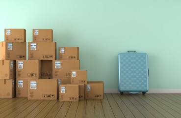 moving boxes at a new home with valise