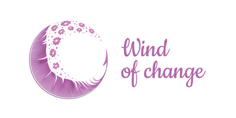 Emblem with watercolor feather and flowers flying in the wind on transparent background. Vector sign EPS10