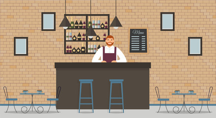 Interior of cafe or bar in loft style. Bar counter, bartender in white shirt and apron,tables, different chairs and shelves with alcohol bottles. Board with menus and pictures. Vector flat 