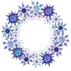 Watercolor snowflakes round frame.