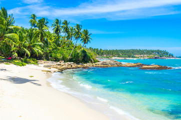 Naklejka na ściany i meble Tropical beach on a Sri Lanka's coast, coconut palms, white sand and the azure ocean. Beautiful tropical landscape