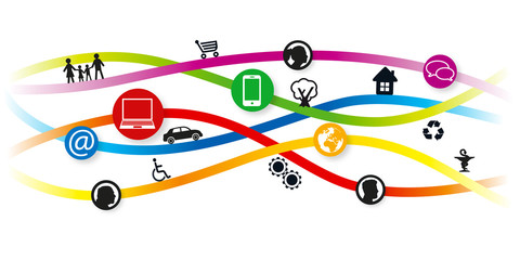 concept d’une bannière internet et de pictogrammes, pour illustrer les activités d’une ville et de ses habitants