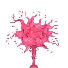 Liquid pink strawberry juice or cream splash out of bottle isolated on white background. Creative design drink or food concept. 3D rendering illustration.