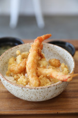 Tempura donburi , Fried shrimp tempura on rice japanese food on wooden table