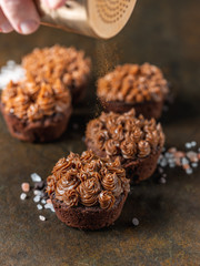 Chocolate cake muffin with cocoa creme on dark moody background. Homemade recipe cooking and baking.