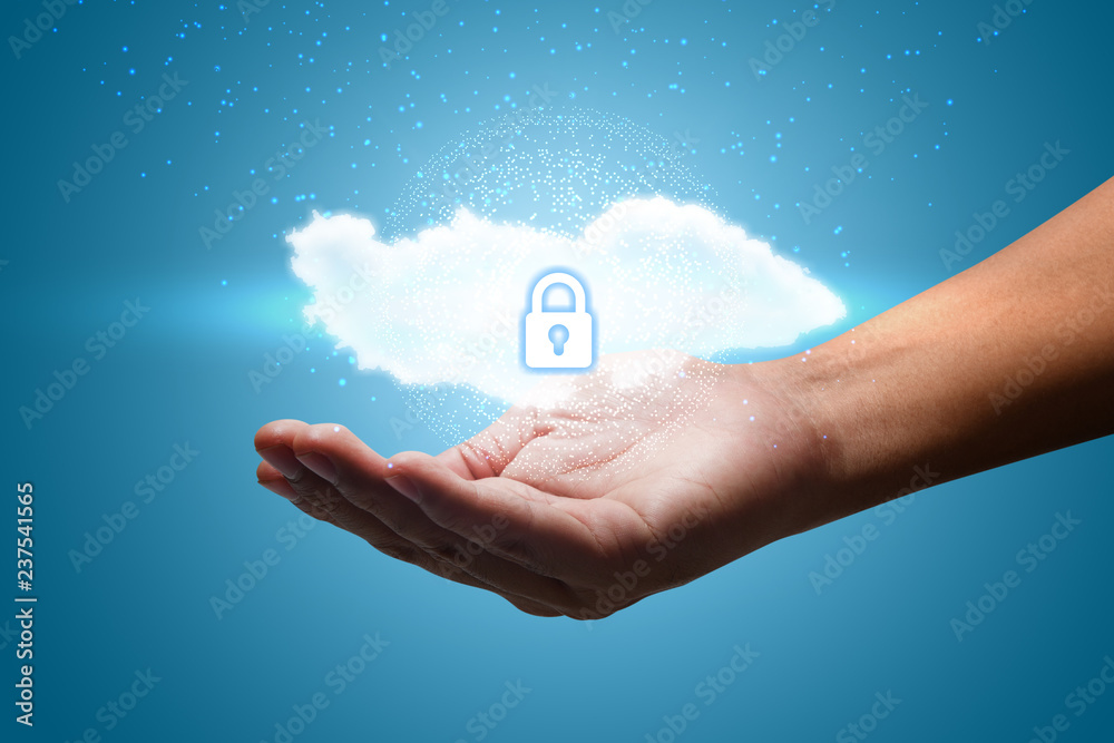 Poster hand shows a data cloud with a protective shield