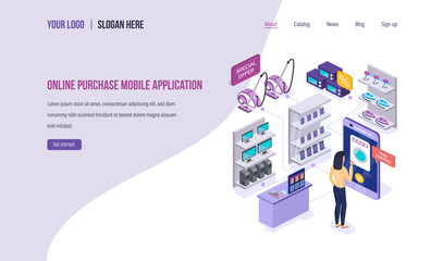 Online purchase mobile application. Digital marketing, buying in online store.