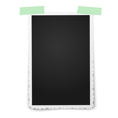 Realistic vector photo frame with retro figured edges on two pieces of green sticky, adhesive tape placed vertically on white background. Template photo design.