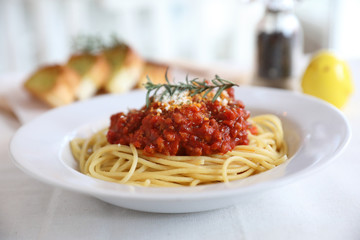 Spaghetti bolognese tomato sauce with bread , italian food