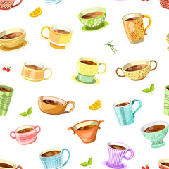 Coffee or tea poured in cup seamless pattern vector.