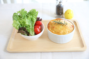 Homemade Shepherd pie , Mash potato with mince bacon and pork and salad