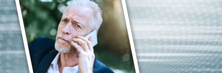 Mature man using his mobile phone, light effect. panoramic banner