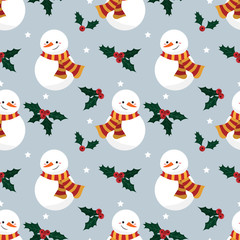 Christmas holiday seamless pattern of happy snowman wearing a scarf with holly berry branches and stars on a light gray background. Vector illustration.