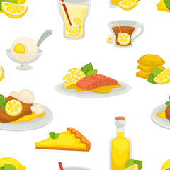 Lemon and lemonade, oil in glass bottle seamless pattern isolated on white background vector.