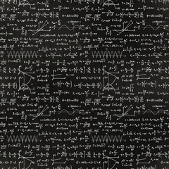 Basic math equations and formulas, white chalk lettering on school blackboard seamless pattern