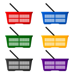 Набор из шести цветных корзин покупателя, вид сбоку. Изолированная векторная иллюстрация на белом фоне.