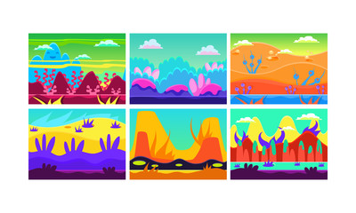 Flat vector set of 6 colorful horizontal landscapes for mobile game. Fantasy world. Cartoon seamless backgrounds.