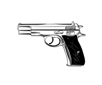 Vector engraved style illustration for posters, decoration and print. Hand drawn sketch of pistol or handgun in black isolated on white background. Detailed vintage etching style drawing.