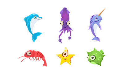 Flat vector set of marine creatures with big eyes. Sea animals. Elements for children book or game