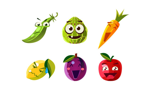 Flat vector set of humanized fruits and vegetables with different facial expressions. Funny food icons. Cartoon characters