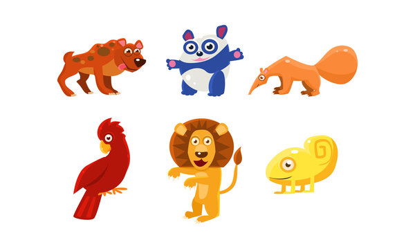 Flat vector set of funny animals. Cartoon characters. Zoo and wildlife theme
