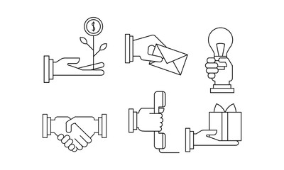Vectoe set of simple business icons in linear style. Illustrations with human hands and different objects