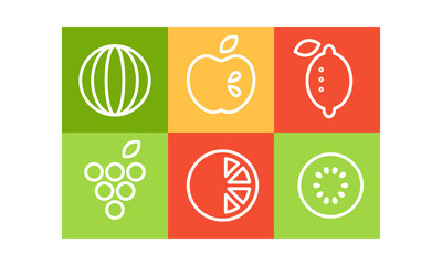 Vector set of different fruits in linear style isolated in colorful squares. Natural products. Healthy food