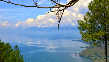 Fototapeta premium Stunning view of the Lake Toba, Indonesia. Tree branch and pine trees in the foreground. Lake Toba or Danau Toba is a huge crater lake in Sumatra.