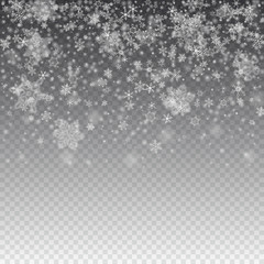 Vector snowfall, snowflakes of various shapes. Many white cold flaky elements on transparent background. White falling fly in the air.