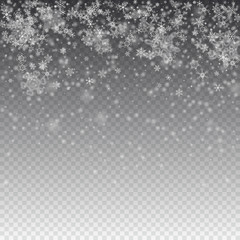 Fototapeta na wymiar Vector snowfall, snowflakes of various shapes. Many white cold flaky elements on transparent background. White falling fly in the air.