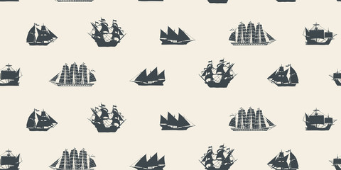 Vector seamless pattern on the theme of sea travel with various sailing ships. Sea objects on a beige background in retro style © paseven