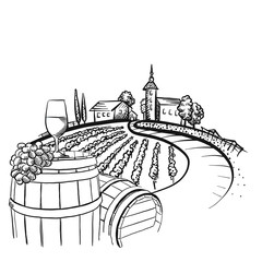 Vineyard barrel and glass drawing
