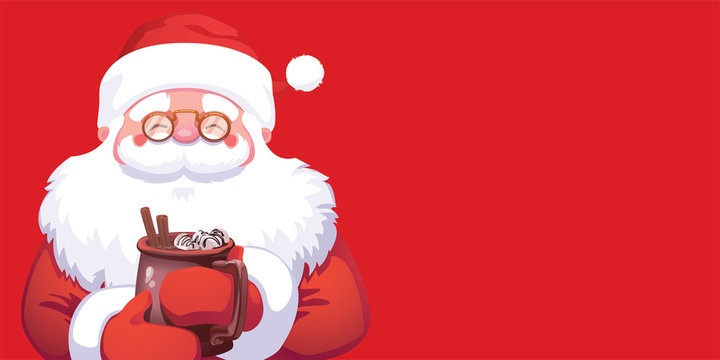 Cute Santa Claus with cup of hot Chocolate with marshmallow and cinnamon stick on a red background