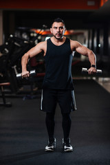 Fototapeta na wymiar Bodybuilder doing Exercise for the shoulder muscles, deltoid with dumbbell in the gym