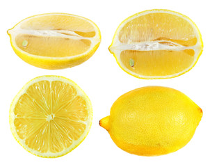 Set of half cut and whole ripe lemon isolated on white background
