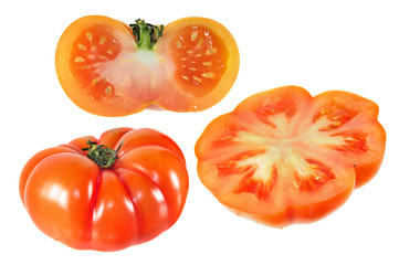 Set of half cut and whole Italian flat red tomato isolated on white background