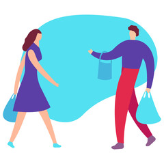 Couple of young people shopping. Man and woman with packages. Vector illustration of a cartoon style, concept shoppihg