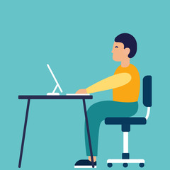 A stylish man sitting at the table and working on a notebook. Vector illustration, trendy style, flat design. Business concept