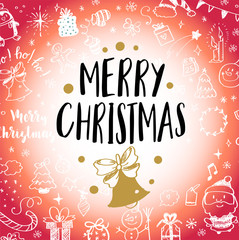 Christmas post card with doodles. Big set of Christmas design element in doodle style