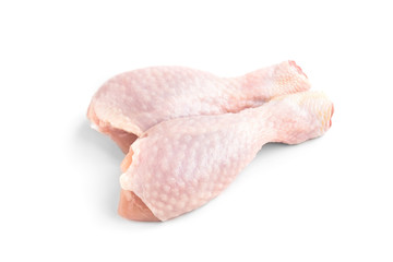 Raw chicken leg isolated on white background.