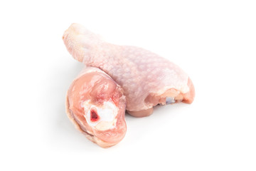Raw chicken leg isolated on white background.