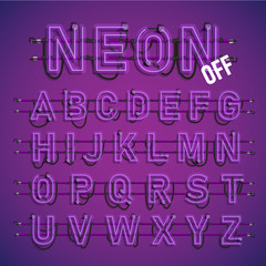 Realistic neon font with wires and console, vector illustration