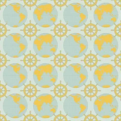 Rolgordijnen Vector seamless pattern on the theme of nautical travel, adventure and discovery. World maps and steering wheels in retro style on a light blue background © paseven