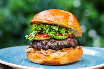 Beef burger with onion relish, micro herbs and cucumber - obrazy, fototapety, plakaty