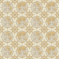 Vector seamless pattern on the theme of nautical travel, adventure and discovery. Wind roses, world maps and steering wheels in retro style on a beige background