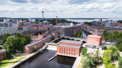Aerial view on dam in Tampere city center at sunny summer day. 