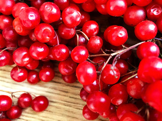 Viburnum berries on the table./
Bright red berries of viburnum on the table.