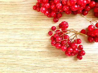 Viburnum berries on the table./
Bright red berries of viburnum on the table.